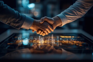 Two hands shake over a glowing cityscape model, symbolizing collaboration and agreement in a modern business environment.