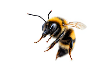 The detail bee turned to the left with yellow-black stripes&mdash;close-up view. 