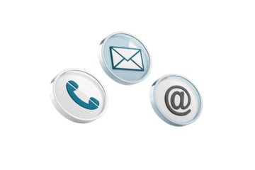 Light-themed circular icons for phone, email, and web communication, offering a clean and professional visual style