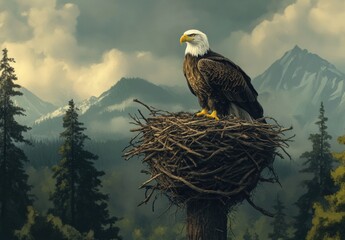 A majestic bald eagle perches on its large nest, surveying its surroundings with a regal gaze, symbolising strength, freedom, and the beauty of nature