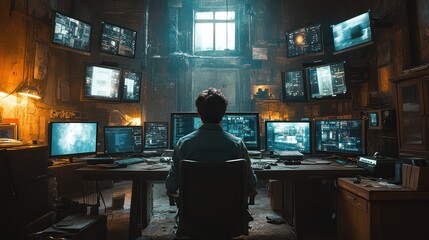 Hacker monitoring screens in dark room, surveillance