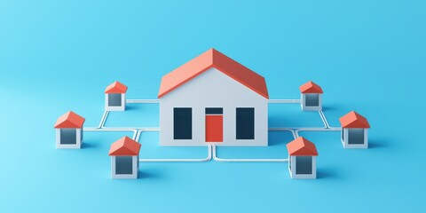 Business Expansion and Diversification concept. A colorful graphic depicting a central house connected to smaller houses, representing a network or community setup.