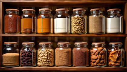 a neatly arranged display of jars containing various kinds of nuts seeds and spices each with a wooden lid on a wooden shelf