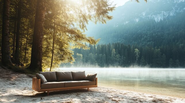 A sofa placed in the middle of a forest with sunlight filtering through the trees. A beachside setting with a cozy couch on white sand facing the ocean. A floating sofa on a serene lake with misty 