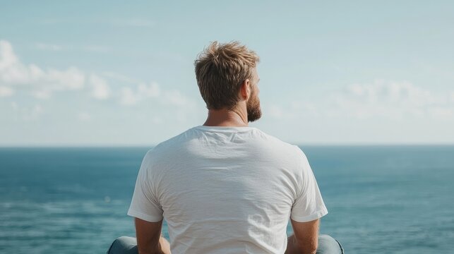 Man contemplates ocean view, peaceful coastal scene, travel blog