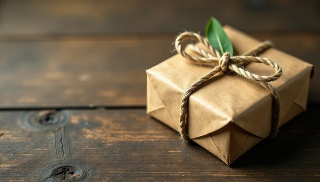 Twine wrapped wooden package on a rustic table, wrapping, natural wood, vintage