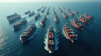 Large Fleet of Cargo Ships Navigating Through Open Sea During Daylight Hours