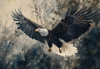 Obraz premium A majestic bald eagle with its wings spread wide, soaring through the air.