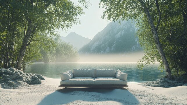 A sofa placed in the middle of a forest with sunlight filtering through the trees. A beachside setting with a cozy couch on white sand facing the ocean. A floating sofa on a serene lake with misty