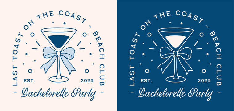 Bachelorette party coastal beach club summer cocktail theme navy blue aesthetic funny quotes last toast on the coast. Retro coquette bow preppy fancy chic bridesmaid girls night crew shirt design.
