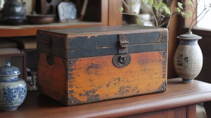 Antique wooden chest, Asian shop, pottery, background