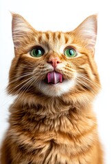 Obraz premium Close-up Portrait of a Playful Ginger Cat with Bright Green Eyes and a Quirky Tongue Out Expression Against a Plain White Background