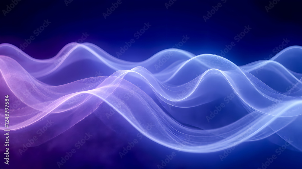 Poster ethereal waves of colorful light displaying soft movement and flow against a deep blue background fo