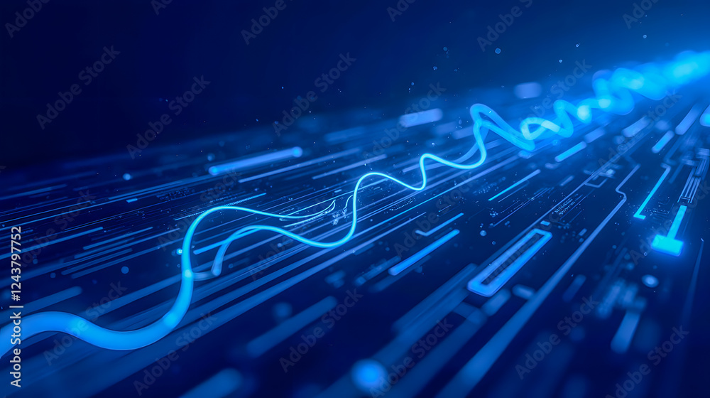 Poster abstract digital technology background with glowing blue lines and particles creating dynamic waves 