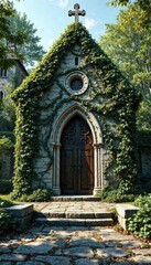 Fototapeta premium Twisted vines and leaves wrapped around a medieval stone chapel, abandoned, leaves