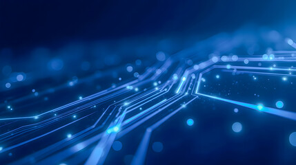 Obraz premium Futuristic Technology Background with Glowing Lines and Dots in Blue, Abstract Digital Network and Circuit Design Concept