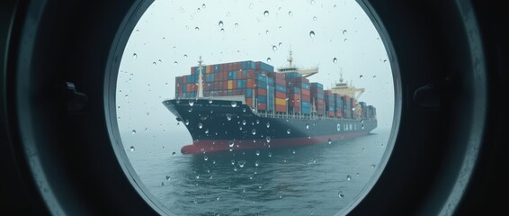 Container Ship Navigating Through Fog Viewed From a Porthole on a Rainy Day