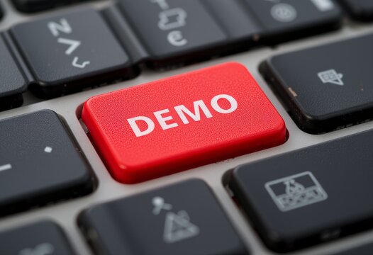 Close-up of a red DEMO key on a keyboard highlighting the concept of demonstration and testing.