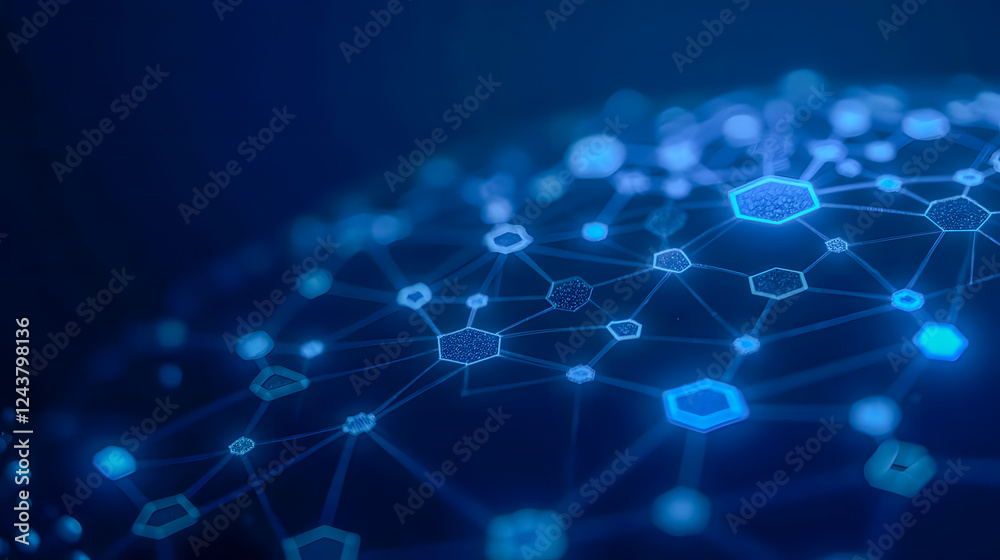 Poster abstract digital network connections with geometric shapes in blue color tones for technology and da