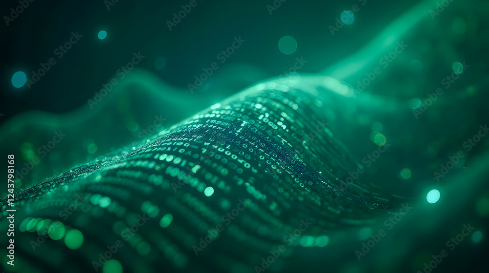 Poster abstract digital landscape of glowing green data waves with binary code and sparkling particles in a