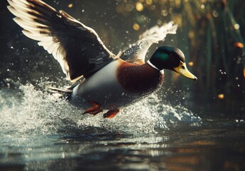 A male Mallard duck landing into a pond of water.