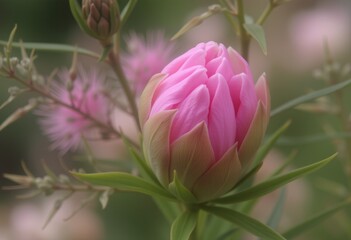 Obraz premium A pink peony bud captured in soft focus, surrounded by other flowers and greenery, creating a dreamy and romantic scene.