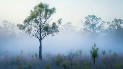Obraz premium Misty Morning in the Australian Outback: A Single Tree Stands Tall Amidst the Fog