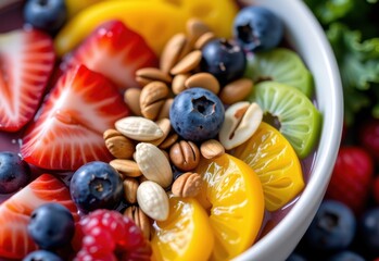 A vibrant acai bowl overflowing with fresh berries nuts and seeds This healthy breakfast or snack is a perfect blend of flavors and nutrients.