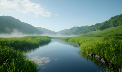 Serene Landscape of Lush Greenery and Tranquil Waterway in Nature