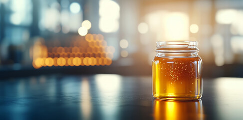 A clear glass jar filled with golden organic honey rests on a rustic wooden table. Soft warm light surrounds the jar, creating a cozy atmosphere perfect for reflecting on beekeeping.