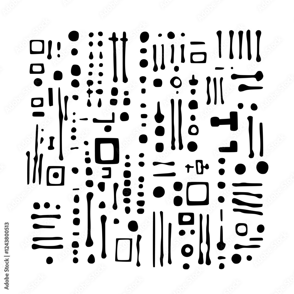 Poster abstract black and white pattern with various geometric shapes and lines arranged in a grid