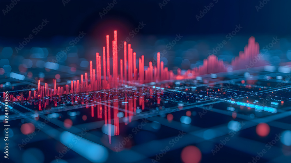 Poster visualization of dynamic data analysis with vibrant red bar graphs illuminating a dark background in