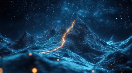 Glowing path ascends cosmic mountain range, night