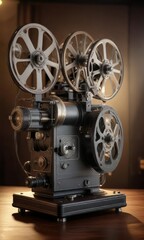 Obraz premium Vintage film projector with warm spotlight showcasing old movie reel, cinematic, nostalgia, projection