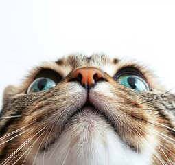 Close-up View of a Cat's Face Featuring Striking Blue Eyes and Unique Whisker Pattern Against a Bright Background