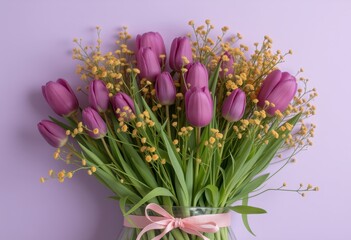 Exquisite Bouquet of Purple Tulips and Yellow Flowers Arranged in a Glass Vase with Pink Ribbon on a Light Purple Background