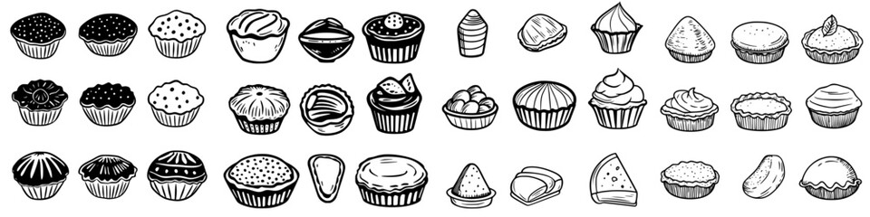 Variety of dessert cupcakes displayed in an artistic arrangement with detailed designs in black and white