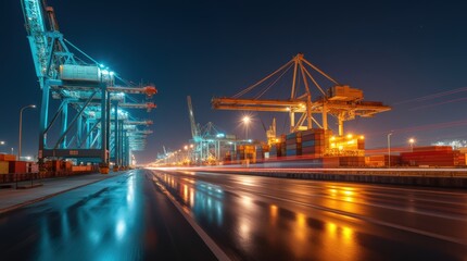Fototapeta premium Nighttime View of a Busy Shipping Port With Cranes and Cargo Containers Illuminated
