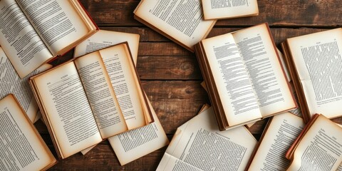 Obraz premium Vintage library book pages scattered on a worn wooden table, leather binding, ancient tomes, nostalgic background