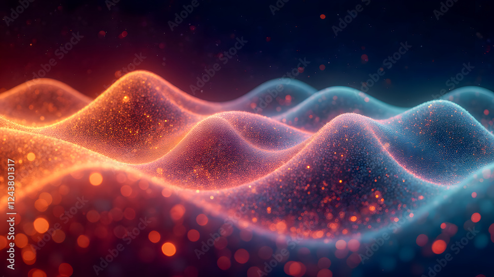Poster abstract digital landscape with glowing waves of vibrant colors and sparkling particles creating a m