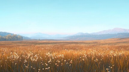 Serene Autumn Meadow Landscape: Golden Grassland Under a Clear Sky