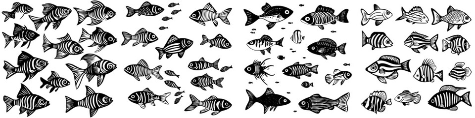 Collection of diverse fish illustrations showcasing various species and styles for educational and creative purposes