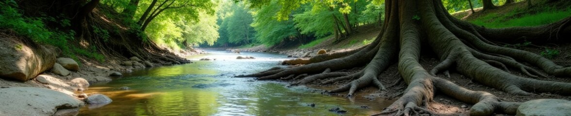 Roots of an ancient tree exposed in the riverbed, stone, river