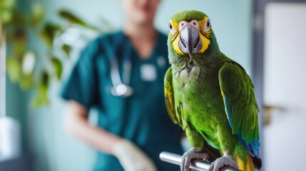 Green parrot undergoing examination at an avian veterinary clinic