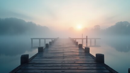 Obraz premium Misty Sunrise Over a Tranquil Lake With Wooden Docks in Early Morning Light
