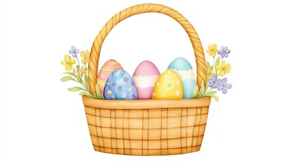 Fototapeta premium A charming watercolor Easter basket filled with colorful eggs and blooming spring flowers, set against a clean white background, perfect for nursery decor