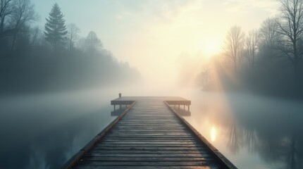 Misty Sunrise Over a Tranquil Pier Surrounded by Trees and Fog