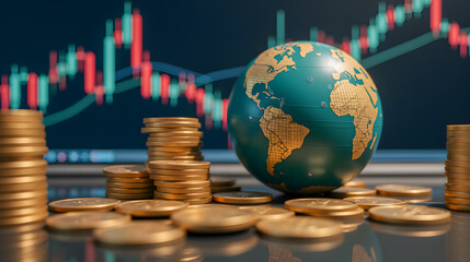 3D Render of Globe with Gold Coins and Financial Graph Background Signifying Global Economy and Investment Opportunities in Modern Finance