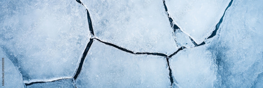 Poster ice floes creating a natural geometric pattern on the surface of a frozen lake, highlighting the eff