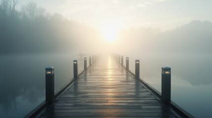 Morning Fog Envelops a Peaceful Wooden Pier Leading Into a Serene Lake at Sunrise